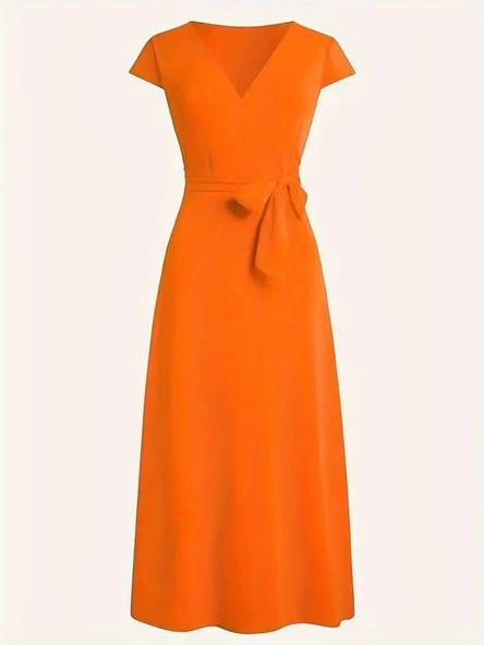 Kadın Kısa Kollu V Yakalı Belden Kuşaklı Maksi Boy Viskon Elbise - Resim 5