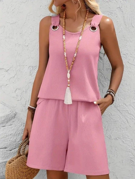 Kadın Askılı Yuvarlak Yaka Kuş Gözü Detaylı Bürümcük Bluz Ve Short Ikili Takım ürün görseli