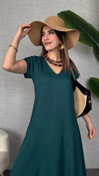 Kadın Kısa Kollu V Yaka Salaş Maxi Boy Elbise - Resim 2