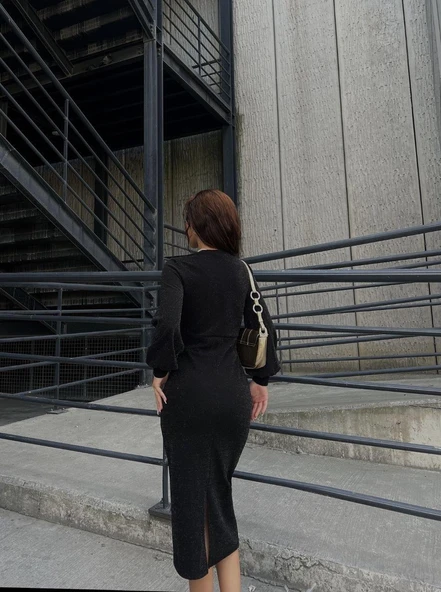 Kadın Kruvaze Yaka Balon Kol Simli Krep Kumaş Midi Boy Elbise - Resim 5