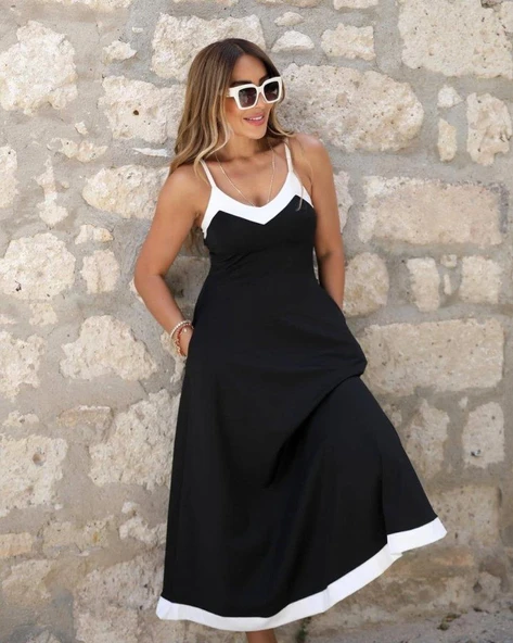 Kadın Ip Askılı V Yakalı çift Renkli Janjan Krep Elbise - Resim 2