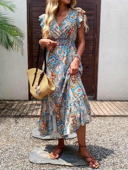 Kadın Kısa Kollu Kruvaze Yakalı Desenli Maxi Elbise - Resim 2