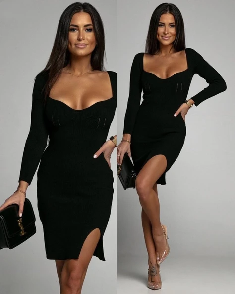 Kadın Uzun Kollu Geniş Yaka Yırtmaç Detay Mini Boy Triko Elbise - Resim 6