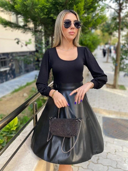 Kadın Uzun Kollu üst Viskon Alt Kloş Deri Elbise - Resim 5