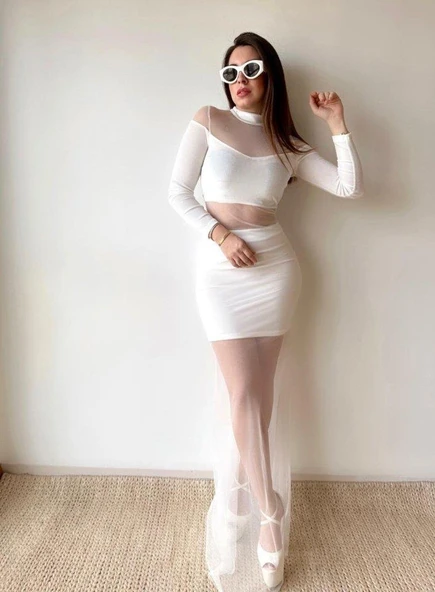 Kadın Balıkçı Yaka Transparan Dekolteli Fırsat ürün Elbise - Resim 3