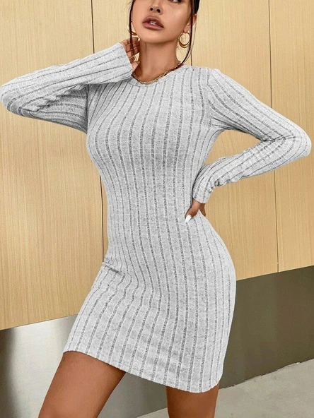 Kadın Uzun Kollu Bisiklet Yaka şardonlu Kalın Fitilli Kaşkorse Mini Boy Elbise - Resim 6