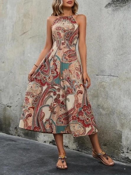 Kadın Kolsuz Boyundan Bağlamalı Beli Lastikli Etnik Desen Baskı Süprem Uzun Elbise - Resim 4