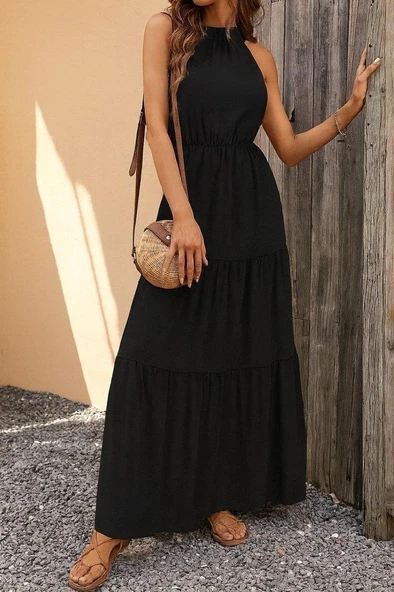 Kadın Kolsuz Halter Yaka Beli Lastiklidesenli Mikro Elbise - Resim 4