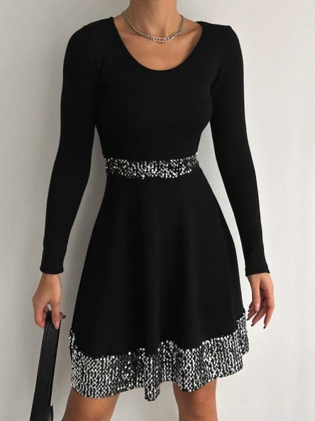 Kadın Bisiklet Yaka Beli Ve Eteği Pul Payet Detay Fırsat ürün Diz üstü Elbise - Resim 2