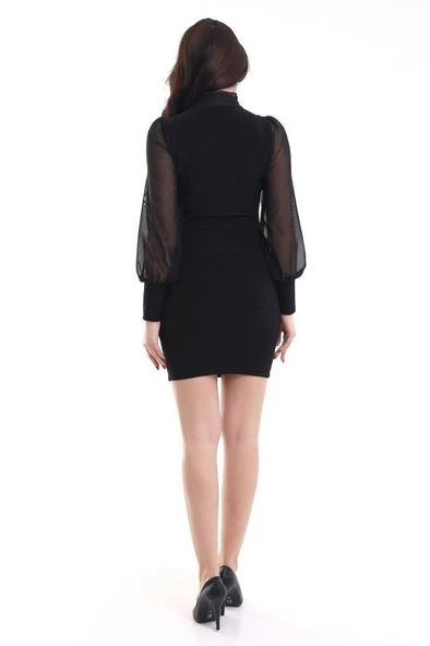 Kadın Balıkçı Yaka Transparan Detay Fırsat ürün Sandy Kumaş Mini Elbise - Resim 4