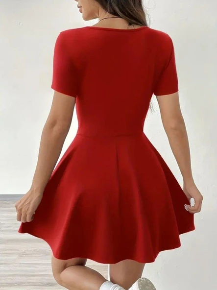 Kadın Kısa Kollu Kare Yaka Short Detaylı Cepli Dalgıç Elbise - Resim 5