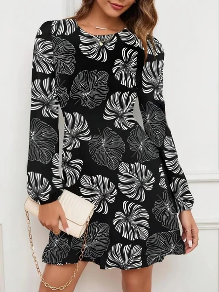 Kadın Uzun Kollu Bisiklet Yaka Desenli Kısa Krep Elbise - Resim 3