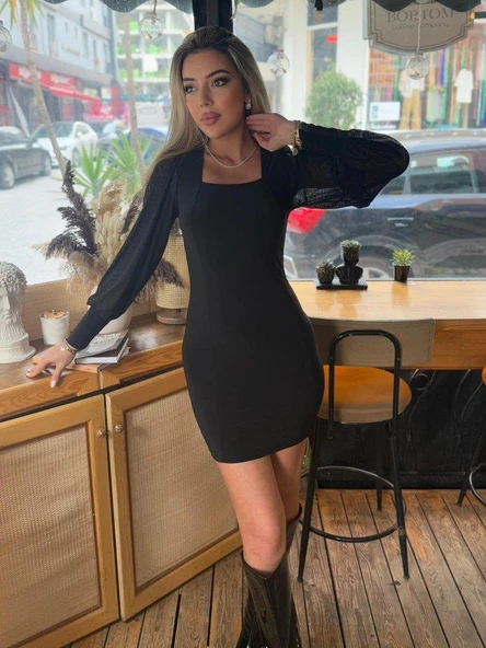 Kadın Kare Yaka Kolları Tül Sandy Kumaş Fırsat ürün Mini Siyah Elbise ürün görseli