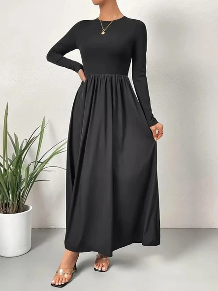 Kadın Uzun Kollu Bisiklet Yaka Uzun üst Viskon Alt Trikoton Elbise - Resim 5