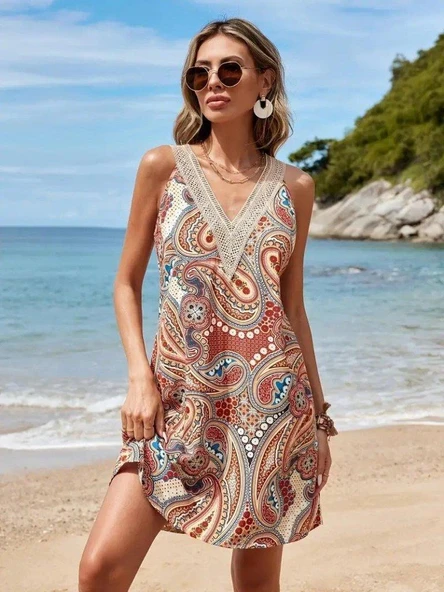 Kadın Kısa Kollu Dantel V Yakalı Desenli Süprem Elbise - Resim 5