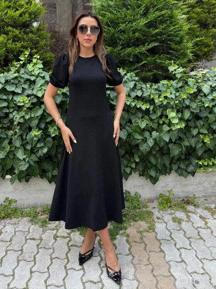 Kadın Kısa Balon Kollu Bisiklet Yaka Geniş Kesim Janjan Krep Elbise - Resim 4