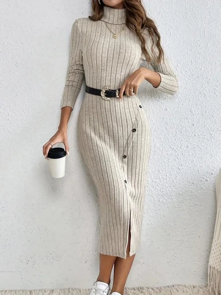 Kadın Uzun Kollu Balıkçı Yaka Yırtmaçlı Düğmeli şardonlu Kaşkorse Elbise(kemersiz) ürün görseli