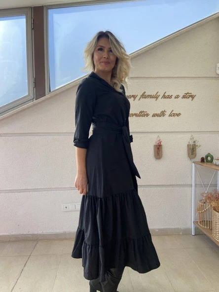 Kadın Uzun Kollu Eteği Fırfırlı Beli Kuşaklı Trikoton Tam Boy Gömlek Elbise - Resim 12