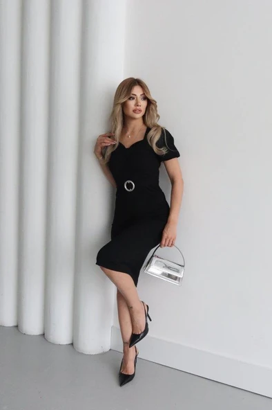 Kadın Kısa Kollu Yakası Açık önden Halka Detaylı Ithal Krep Elbise - Resim 8