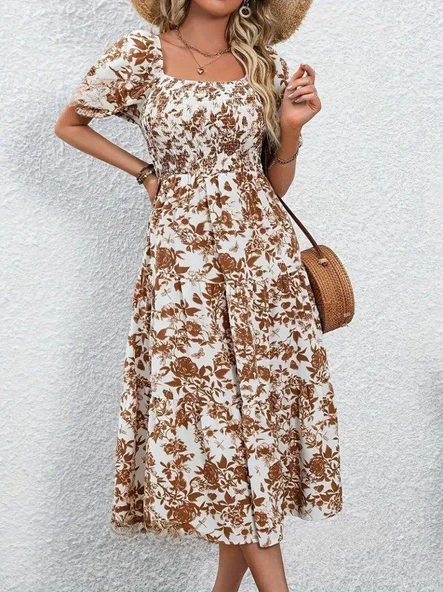 Kadın Kısa Kollu Kare Yakalı Lastikli Desenli Süprem Elbise - Resim 4