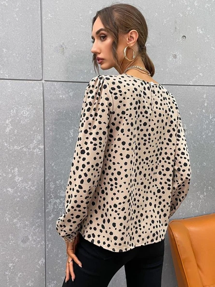 Kadın Uzun Kollu Bisiklet Yaka Desenli Bluz - Resim 6