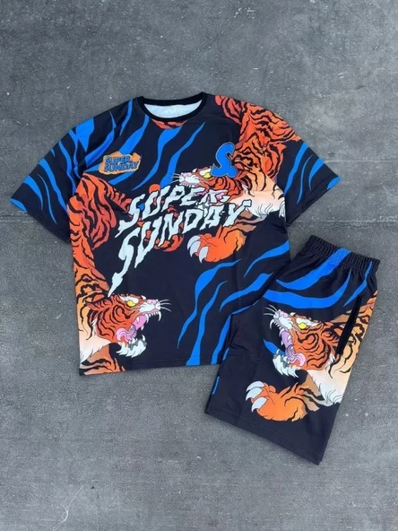 Erkek Dijital Baskılı Şortlu Takım - Mavi ürün görseli