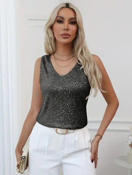 Pul Payetli Sıfır Kol Bluz -Siyah - Resim 5