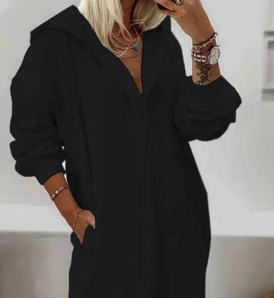 Kadın Uzun Kollu Kapüşonlu Yakası Açık Modal Elbise - Resim 2