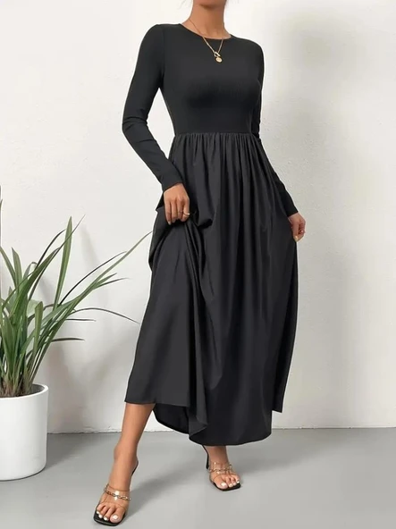 Kadın Uzun Kollu Bisiklet Yaka Uzun üst Viskon Alt Trikoton Elbise - Resim 3