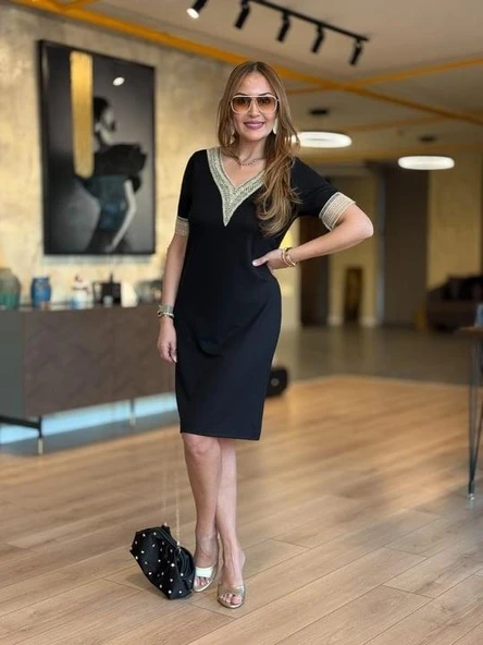 Kadın V Yaka Güpürlü İki İplik Elbise - Resim 4