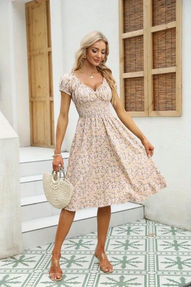 Kadın Kısa Kollu Kruvaze Yaka Lastikli Belden Gipeli çiçek Desenli Suprem Elbise - Resim 11