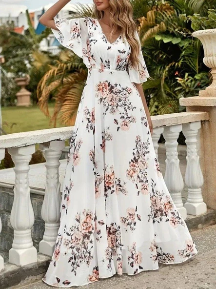 Kadın Kısa Kollu V Yakalı çiçek Desenli Süprem Elbise ürün görseli