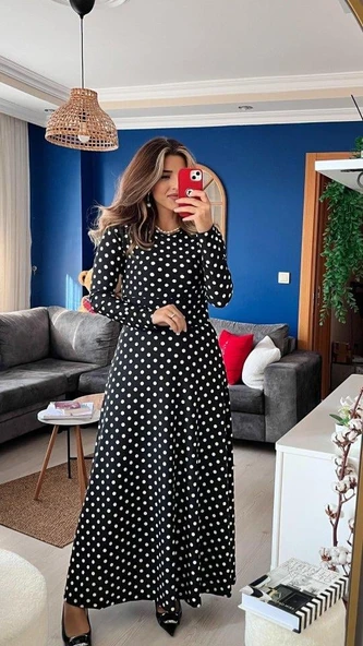 Kadın Krep Kumaş Uzun Kollu Tam Boy Puantiyeli Elbise 132 Cm ürün görseli