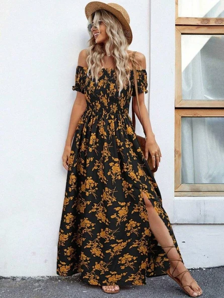 Kadın Kısa Kollu Madonna Yaka Yırtmaçlı çiçek Desenli Süprem Elbise ürün görseli