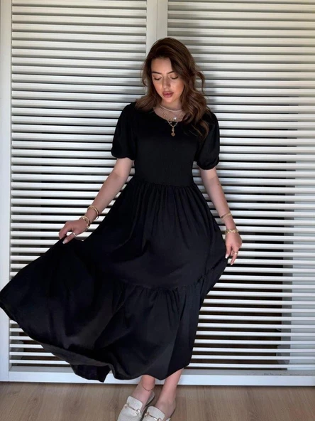 Kadın Kısa Kollu Yakası Açık Katlı Bürümcük Balon Elbise ürün görseli