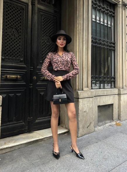 Kadın Uzun Kollu Kruvaze Yaka Krep Mini Boy Elbise - Resim 5