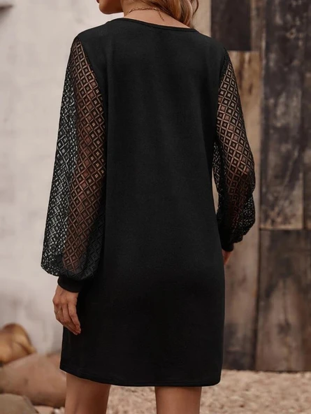 Kadın Uzun Kollu Dantelli V Yakalı Kısa Ithal Krep Elbise - Resim 2