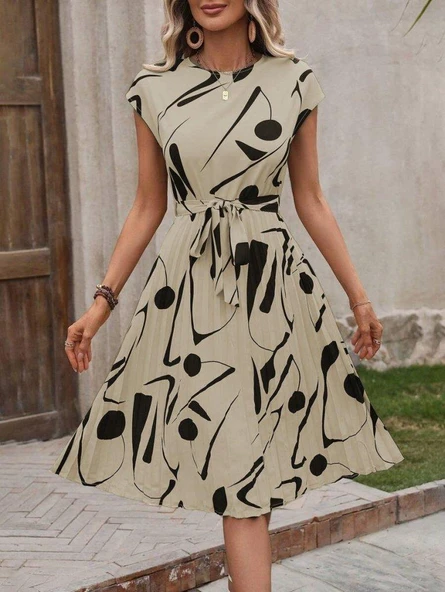 Kadın Kısa Yarasa Kollu Yuvarlak Yaka Beli Büzgülü Süprem Elbise - Resim 5