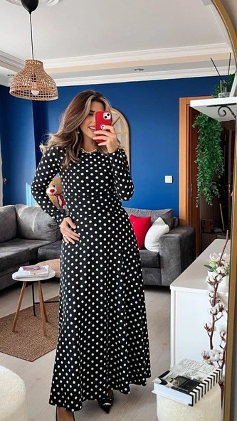 Kadın Krep Kumaş Uzun Kollu Tam Boy Puantiyeli Elbise 132 Cm - Resim 3