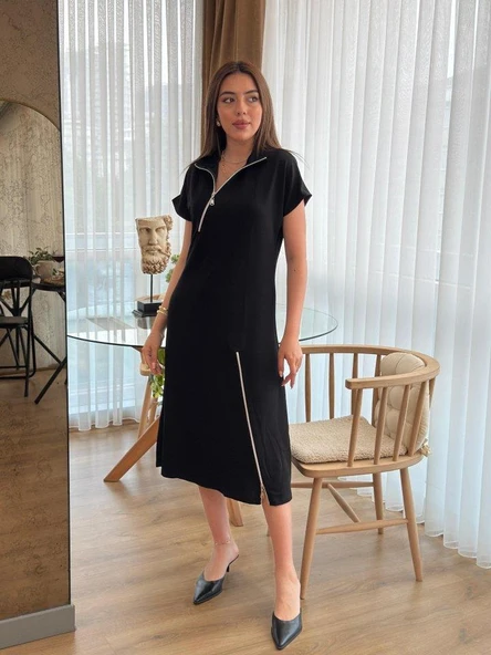 Kadın Kısa Kollu Yakadan Ve Etekten Fermuarlı Midi Viskon Iki Iplik Elbise - Resim 2