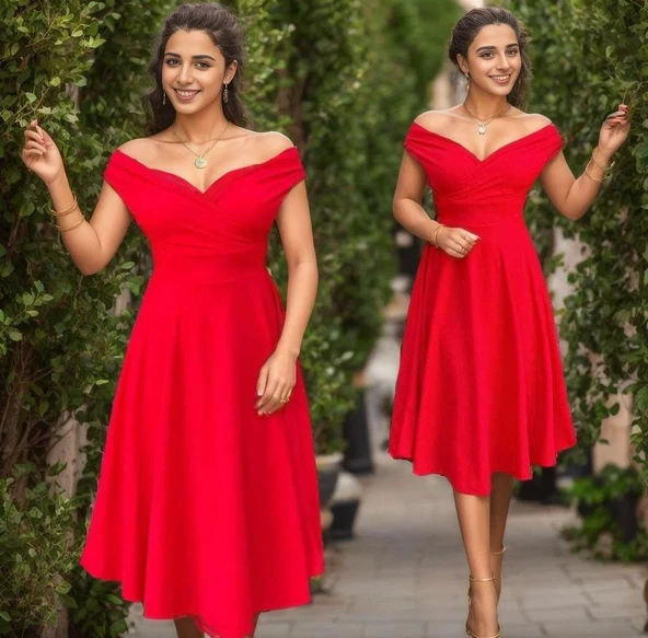 Kadın Kısa Kollu Kruvaze Yaka Eteği Volanlı Krep Elbise - Resim 8