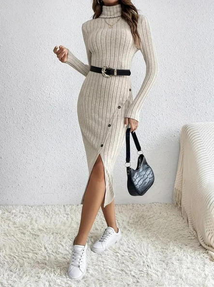 Kadın Uzun Kollu Balıkçı Yaka Yırtmaçlı Düğmeli şardonlu Kaşkorse Elbise(kemersiz) - Resim 3