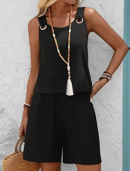 Kadın Askılı Yuvarlak Yaka Kuş Gözü Detaylı Bürümcük Bluz Ve Short Ikili Takım - Resim 2