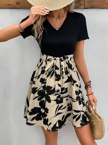 Kadın Kısa Kollu V Yakalı Belden Kuşaklı çiçek Desenli üst Viskon Alt Süprem Elbise - Resim 5