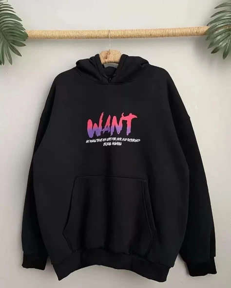 Baskılı Üç İplik Kapüşonlu Oversize Sweatshirt - Siyah - Resim 3