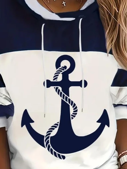 Kadın Uzun Kollu Kapşonlu çıpa Desenli şardonlu Dalgıç Bluz - Resim 2