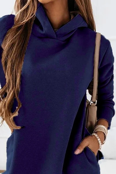 Kadın Uzun Kollu Kapşonlu Kısa Iki Iplik Elbise - Resim 2