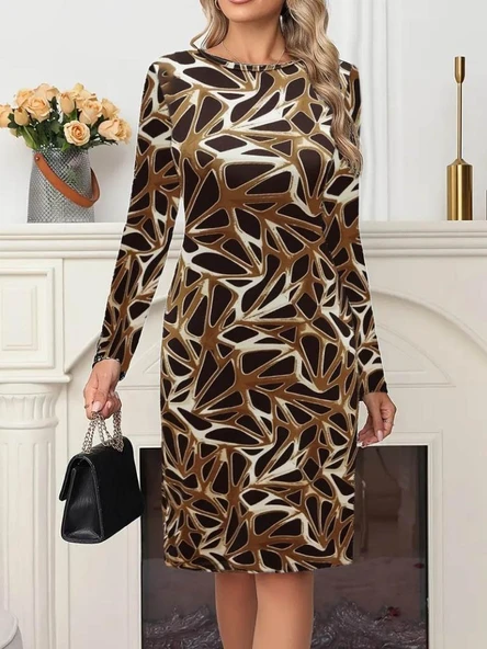 Kadın Uzun Kollu Bisiklet Yaka Desenli Dalgıç Kısa Elbise ürün görseli