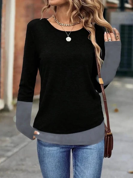 Kadın Uzun Kollu Açık Yuvarlak Yaka Blok Renkli Viskon Bluz - Resim 3