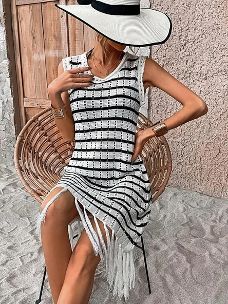 Kadın Kolsuz V Yaka Eteği Püsküllü çizgi Desen Triko Elbise - Resim 2